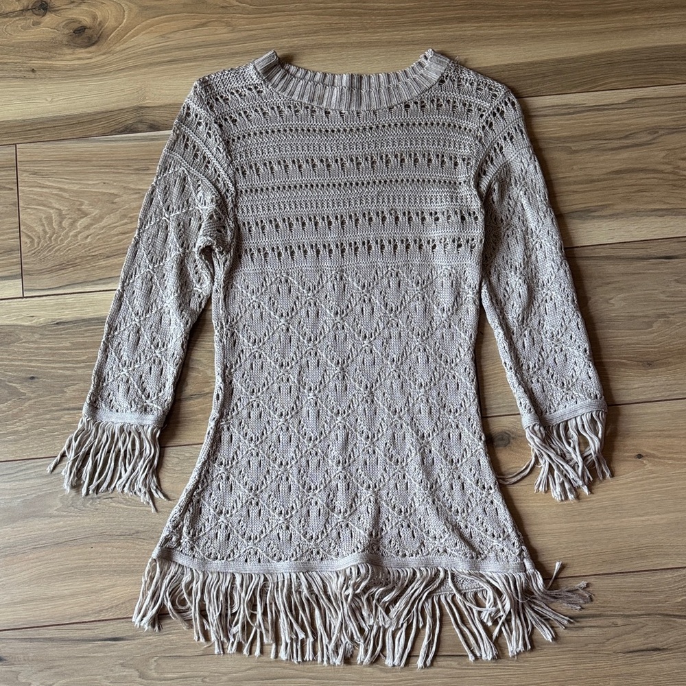 Beige Knit Fringe Top